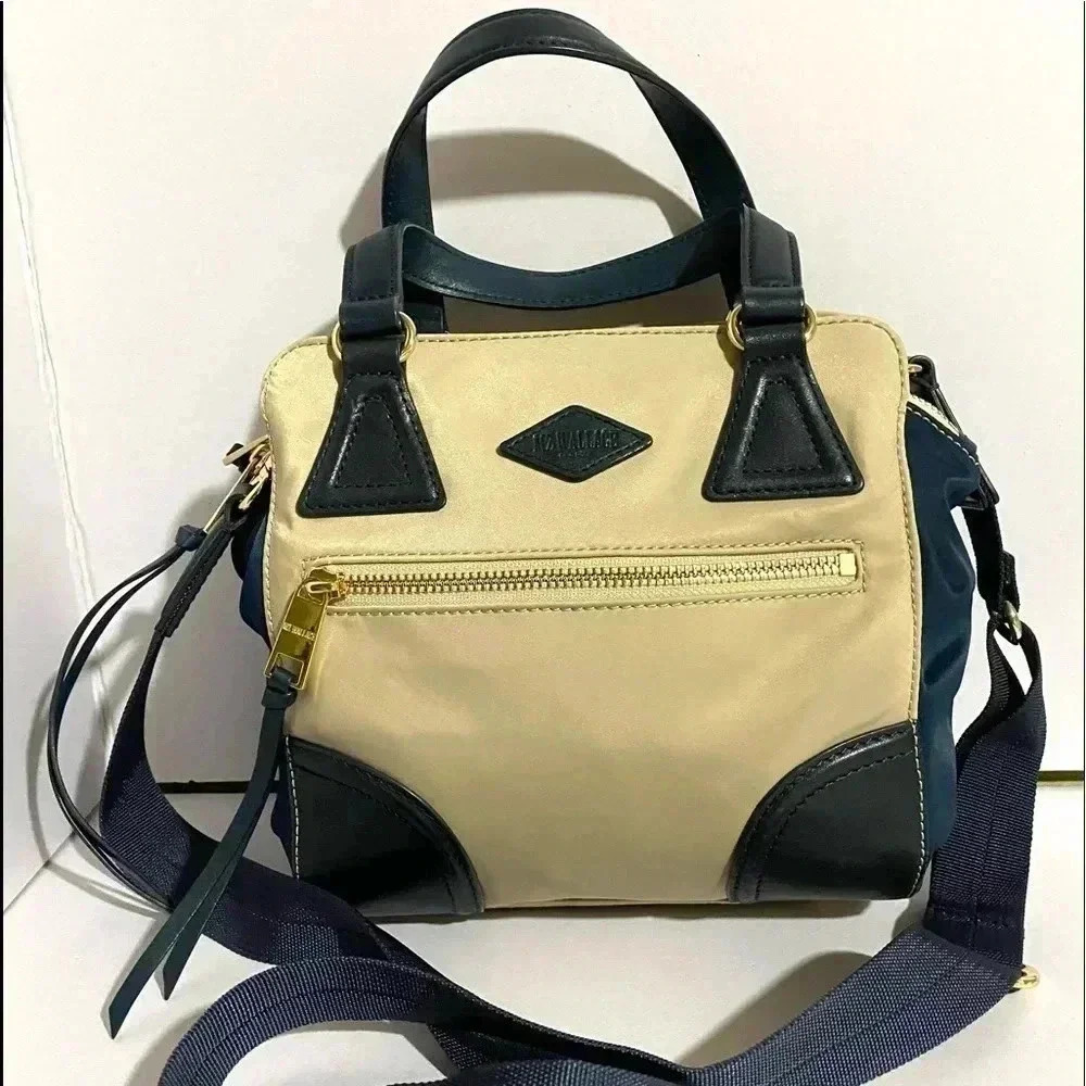 MZ Wallace beige navy blue nylon satchel handbag